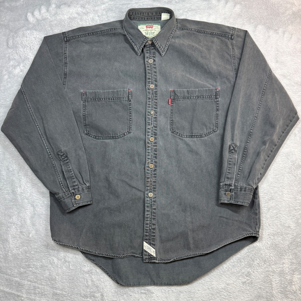 Vintage Levis Button Down Shirt Mens L Black Faded Distressed Denim Workwear 90s